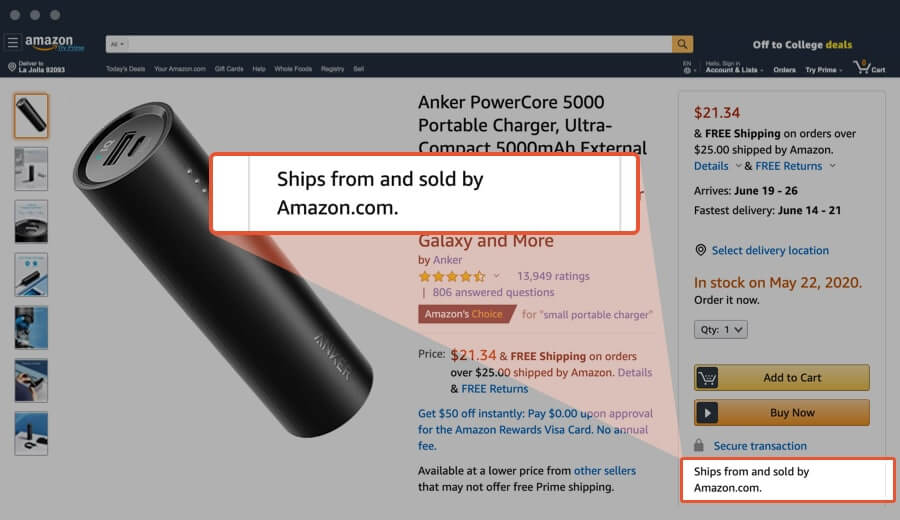 Vendor products are labeled “Ships from and Sold by Amazon.com” 