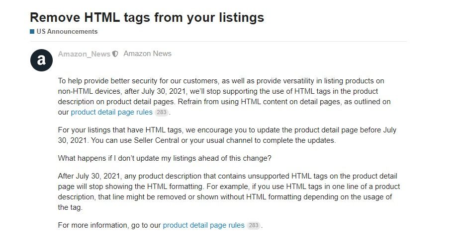 Amazon stops supporting HTML on product descriptions