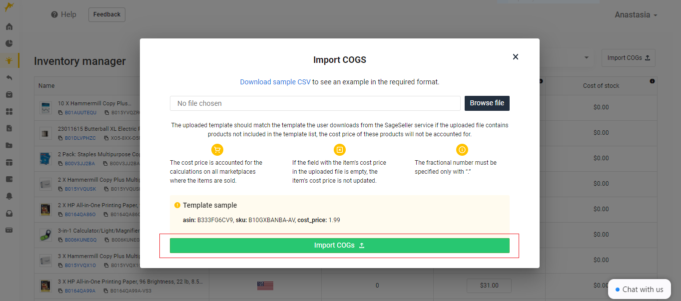Uploading COGS to SageSeller’s Inventory Manager. Step 5
