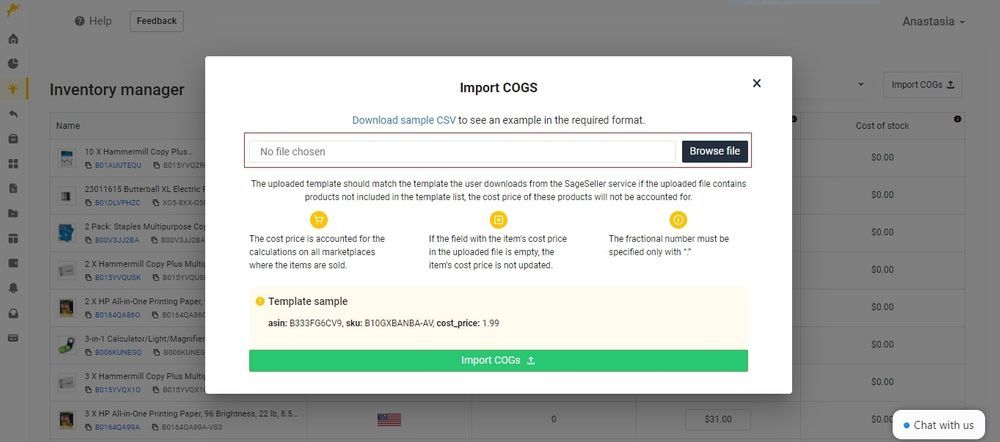 Uploading COGS to SageSeller. Step 3