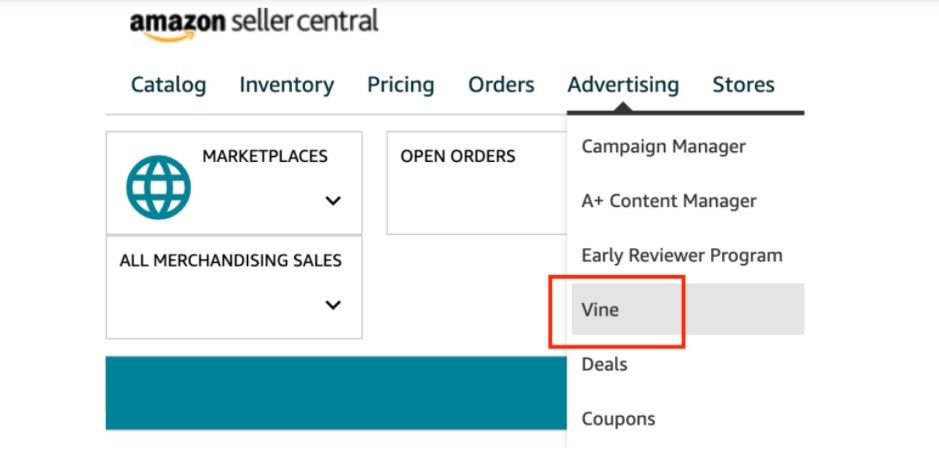 To enroll in Amazon Vine program, click on Vine under Advertising tab 