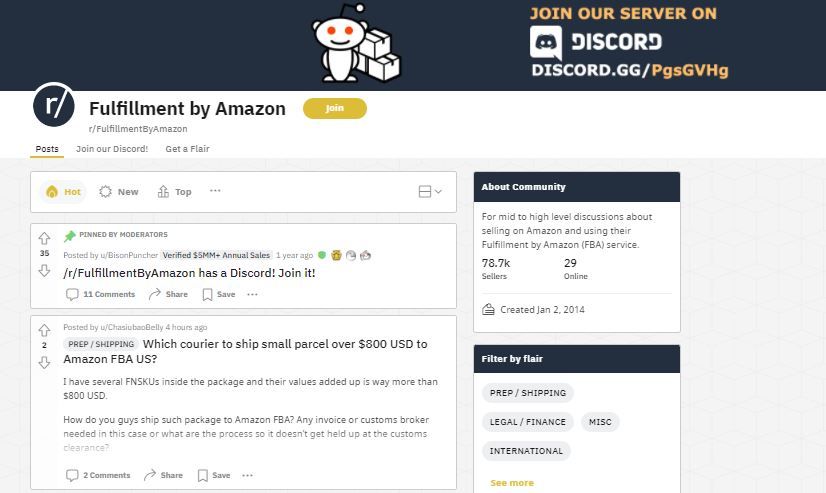 Amazon Sellers FBA Forum on Reddit