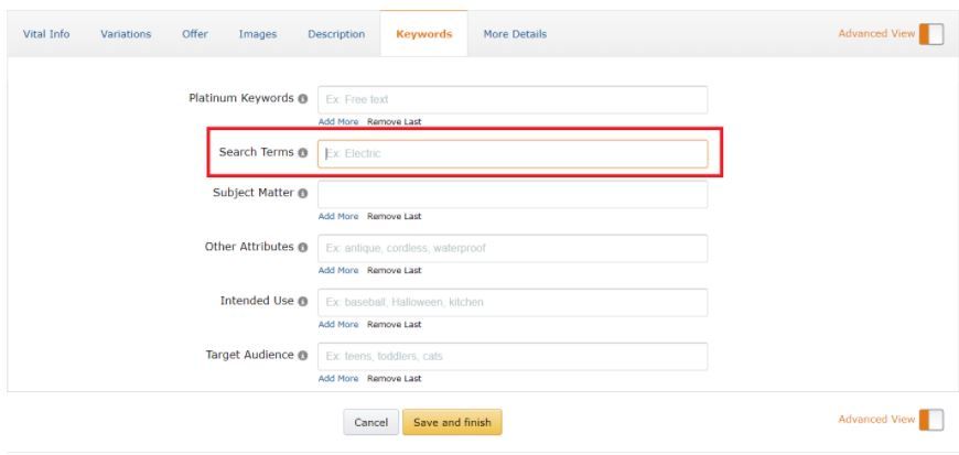 To add backend keywords, enter your them in the ‘Search Terms’ field. 