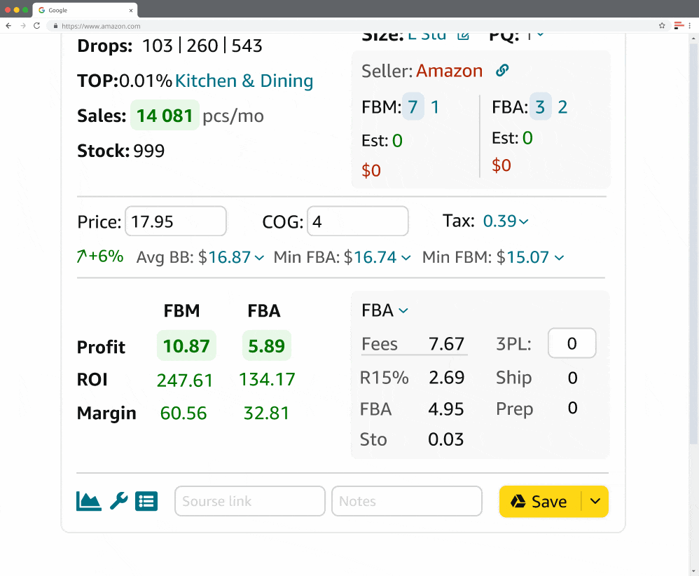 FBM&FBA calculator shows fees and logistics costs